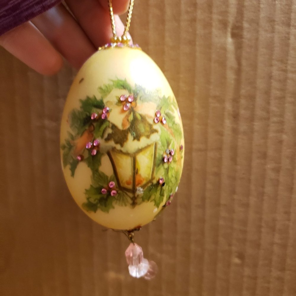 Christmas Ornament Resin Egg Yellow with Gas Lamplight Jeweled Embellishments